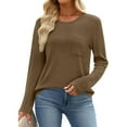 thumbnail image 5 of BiZtdJrK Womens Spring T Shirts Waffle Knit Long Sleeve Crew Neck Tee Tops Loose Fit Solid Dressy Casual Blouse with Chest Pocket Coffee L, 5 of 8