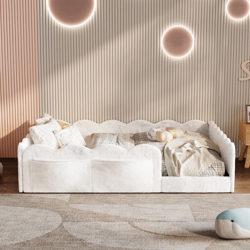 Full Size Upholstered Floor Bed, Faux Rabbit Fur Daybed Frame with 2 Storage Pockets, Kids Bed with Wavy Design Fence