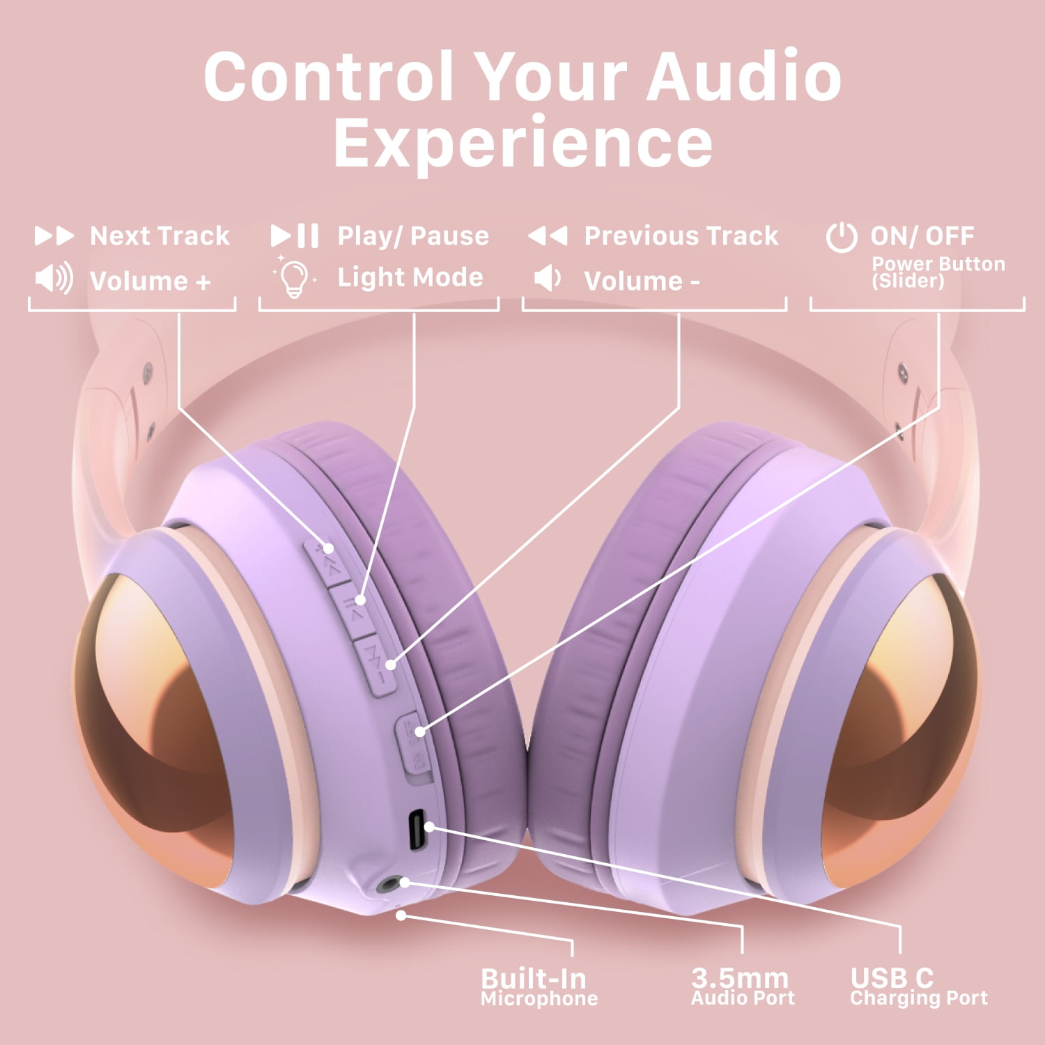 FosPower Kids Bluetooth Headphones with LED Cat Ears (85/94dB Volume Limit & 60H Play Time) Foldable Wireless/Wired Headset with 3.5mm Cable for School/Travel - Light Pink/Light Purple