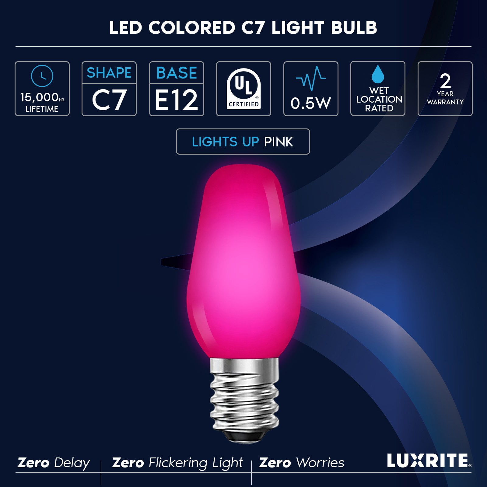 Luxrite 25-Pack C7 LED Pink Replacement Light Bulbs for String Lights 0.5W Colored Bulb Enclosed Fixture Rated UL E12 Indoor Outdoor