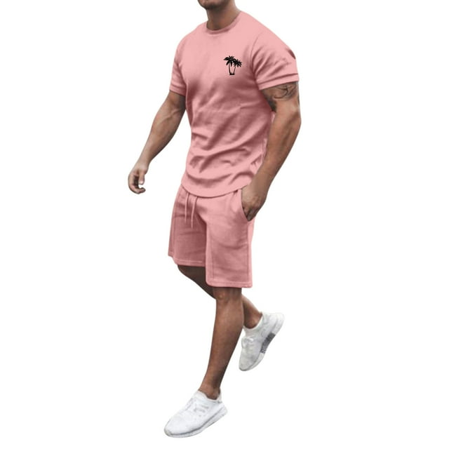 Men‘s Two-Piece Outfits Summer Casual Muscle Short Sleeve Tee Shirts And Classic Fit Sport Shorts Set Tracksuit XS