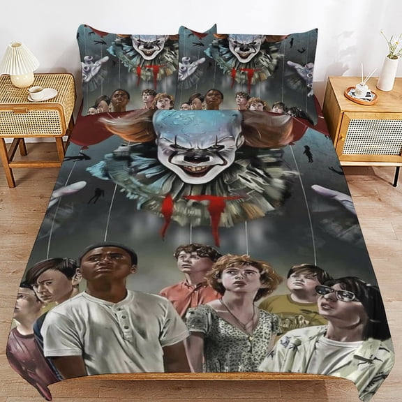 It Pennywise Horror Kids 3 Piece Bedding Set, Super Soft Printed Comforter Cover Sets with 1 Duvet Cover and 2 Pillowcase, Bedroom Decor Gifts for Boys Girls Teens Adult 86"x70"
