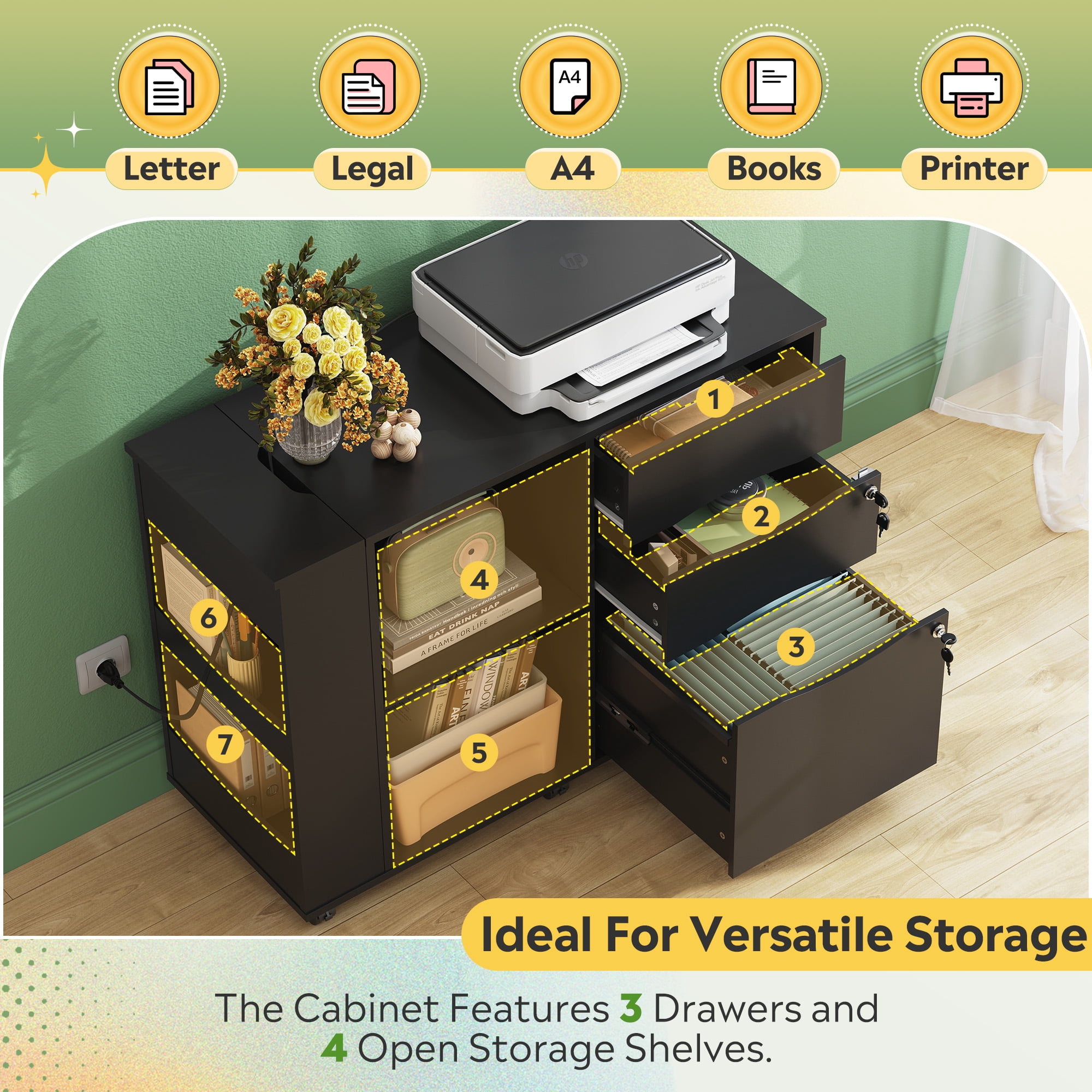 GALAXHERO Wood File Cabinet with 3 Drawers, Open Storage Shelves, Rolling Printer Stand with Charging Station for Home Office, Black