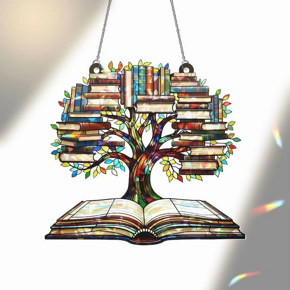 ViciArt Tree of Knowledge Book Acrylic Suncatcher, 4” Holographic Window Hanging, Library Decor