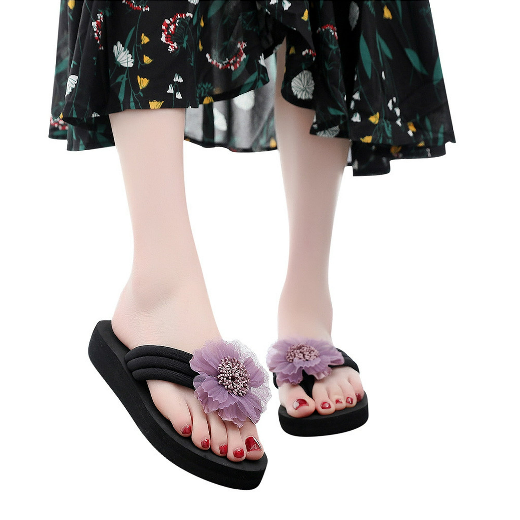 Womens Ladies Summer Flowers Home Beach Shoes Sandals Flip Flops