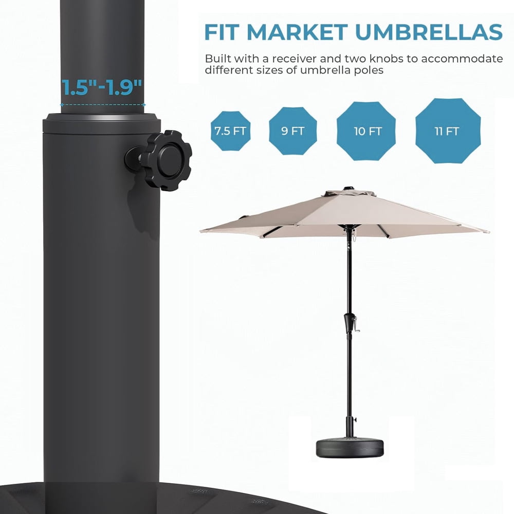 Abble 80 lbs Patio Umbrella Base Heavy Duty HDPE Circular Water and Sand Fillable Umbrella Stand for Yard Garden Poolside 20" Round in Black