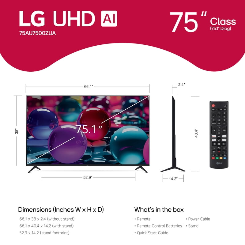 LG 75" 4K UHD UA75 AI Smart TV, 75UA7500 front and back view