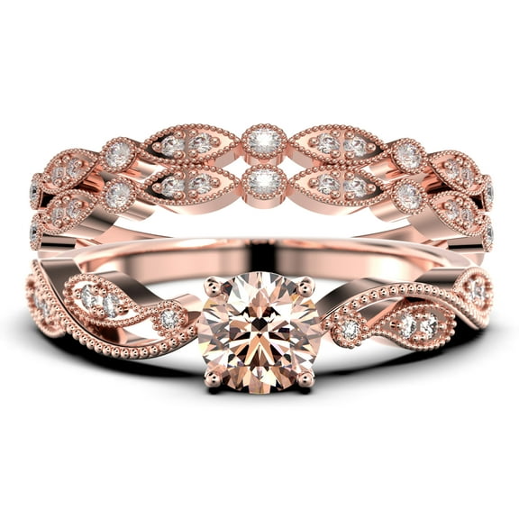 Dazzling 2.25 Carat Round Cut Morganite And Diamond Moissanite Classic Inspired Engagement Ring, Unique Twist Band Wedding Ring in 925 Sterling Silver With 18k Rose Gold Plating, Two Matching Band