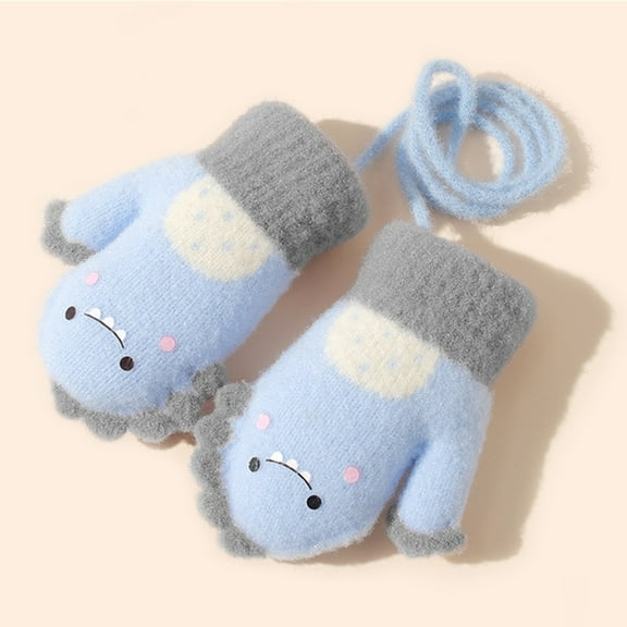 Hwmodou Knitted Mittens For Toddlers Soft Cartoon Gloves Kids Baby Boys Girls Winter Knit Fingerless Mittens With Rope