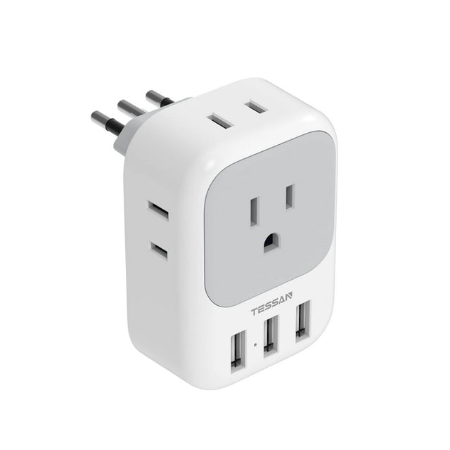 Italy Travel Plug Adapter, US to Italian Power Adapter with 4 Outlets and 3 USB Ports, Type L