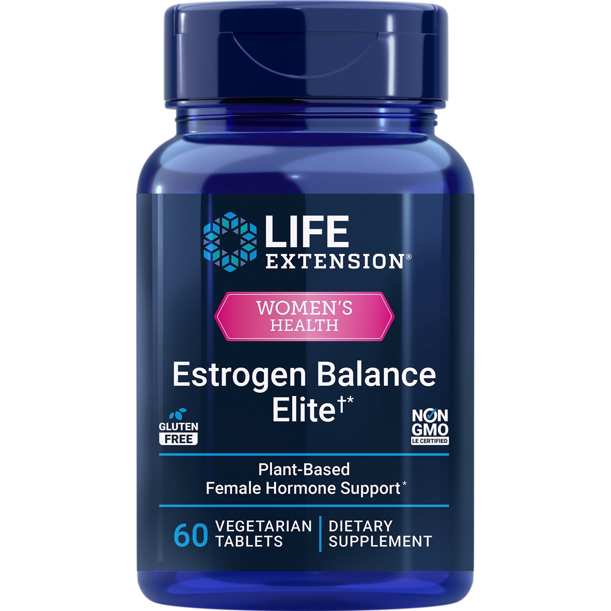 Life Extension Estrogen Balance Elite, menopause support supplement, hormone balance, hot flashes, night sweats, vaginal dryness, gluten-free, non-GMO, vegetarian, 60 tablets