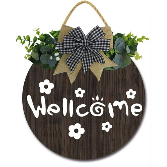 Eveokoki 12" Welcome Sign for Front Door Porch Farmhouse Round Plaque Wreaths Hanging Wooden Sign Wall Decor for Home Christmas Decoration Housewarming Gift