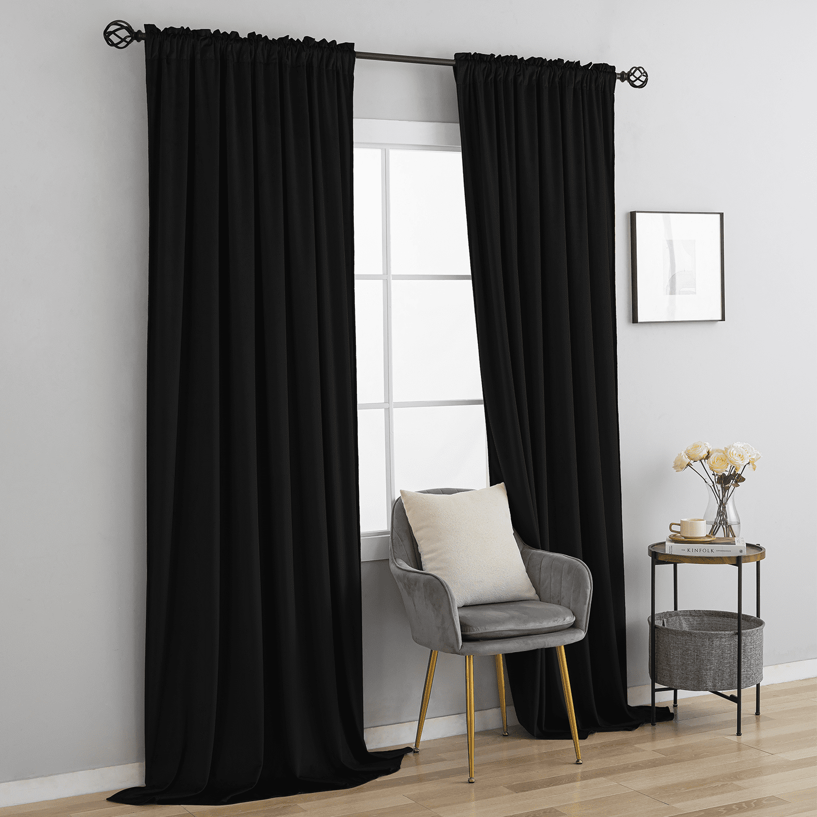 Yakamok Velvet Curtains 84inches Long - Retro Black Thermal Insulated Light Blocking Window Drapes for Living Room, Privacy Protect Room Dividers for Bedroom, W52 x L84, 2 Panels Rod Pocket