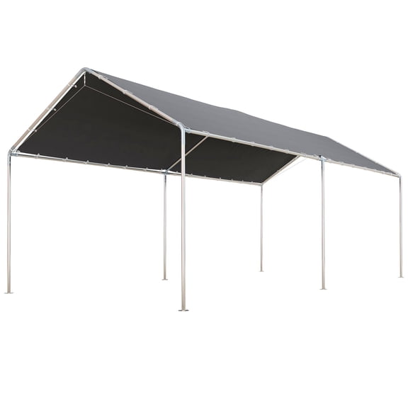 Heavy Duty Galvanized Steel Carport Canopy 9.6x19.5ft with Anchor Kit 3 Reinforced Cables Gray
