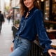 thumbnail image 5 of Ounisa Women's Velvet Tops Dressy Casual Long Sleeve Smocked Work Blouses Trendy Blusas Elegantes Button Down Shirts, 5 of 7