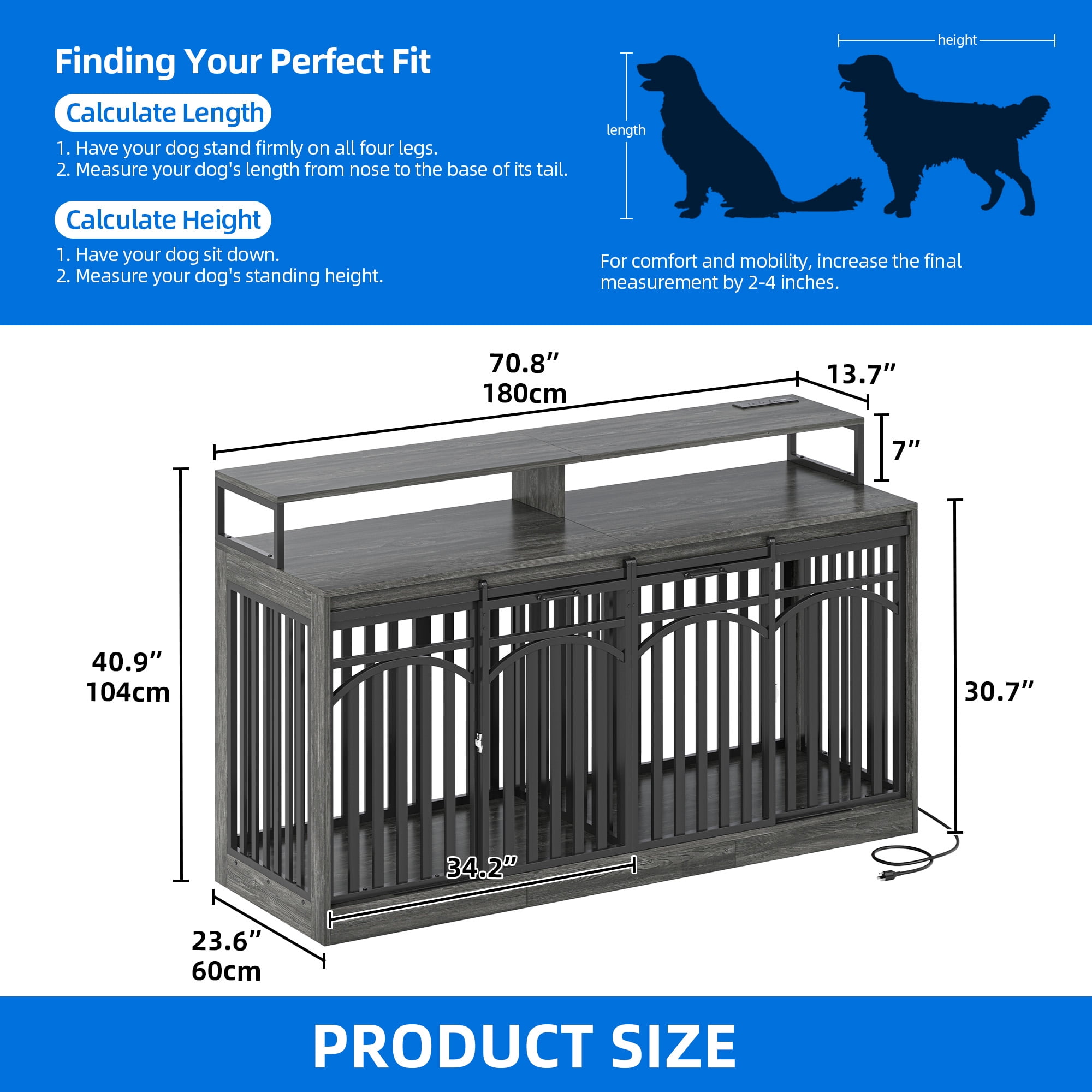 Dextrus 71" Dog Crate, TV Stand with LED Lighting and Power Outlets, Double Door Dog Kennel for Large Dogs, Heavy-Duty Indoor Dog Crate Furniture, Gray Oak