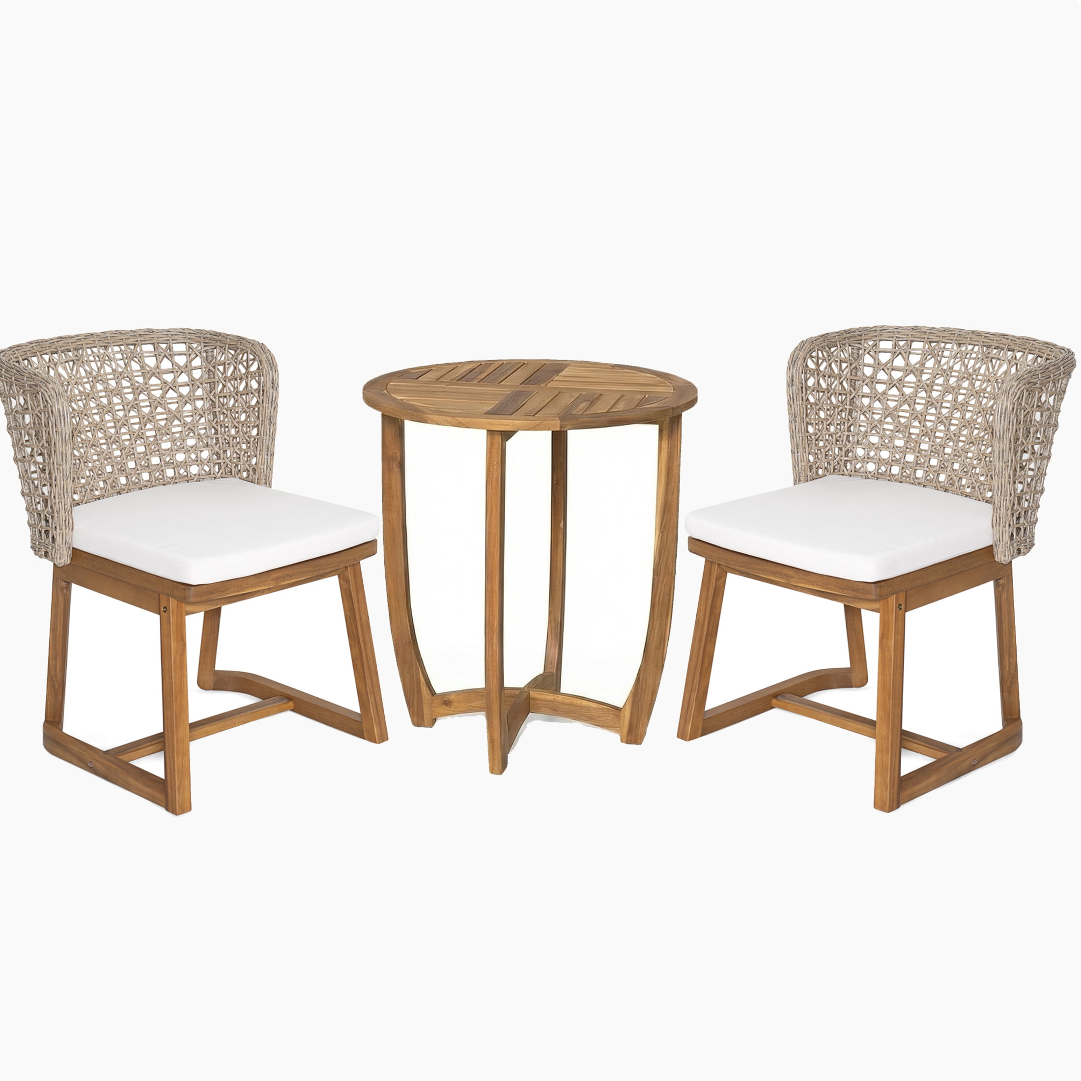 Christopher Knight Home 3-Piece Outdoor Bistro Set, Wood Table with Wicker Chairs and Cushions, Teak+Beige