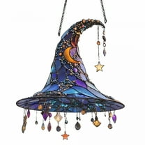LAMIRO Stained Glass Witch Hat Hanging Decor - Hanging Witch Hats Celestial Moon & Star Design for Halloween, Gothic & Fantasy Spaces