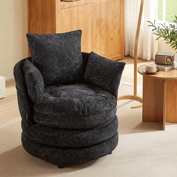 Sillón Individual Pinmoco con 3 Cojines Traseros, 360° Giratorio Convertible a Reposapiés, Tela Chenilla para Sala de Estar, Negro