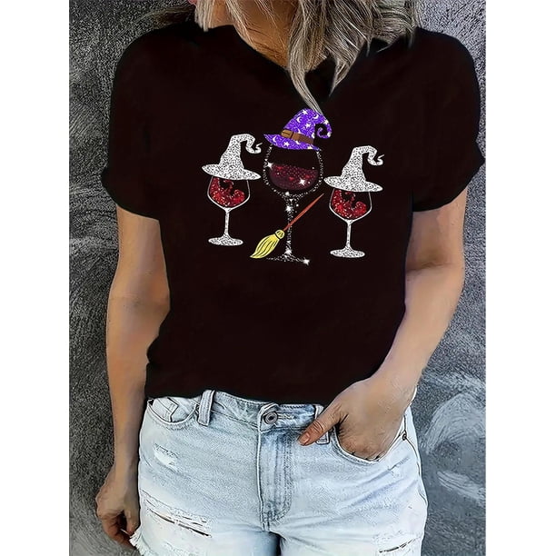 Witchy Red Wine Glass Graphic Tee for Women - Casual Crew Neck Short Sleeve T-Shirt, Stretchy & Comfortable Summer Top