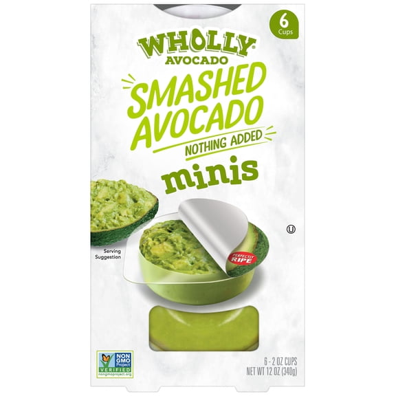 Wholly Avocado Smashed Avocado Minis, 2 oz Plastic Cup (Pack of 6), 100% Hass Avocados, Ready-to-Eat Avocado Cups, Refrigerated