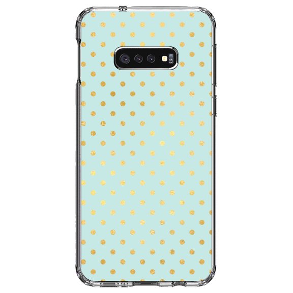 DistinctInk Clear Shockproof Hybrid Case for Samsung Galaxy S10e (5.8" Screen) - TPU Bumper, Acrylic Back, Tempered Glass Screen Protector - Teal & Gold Polka Dot Pattern