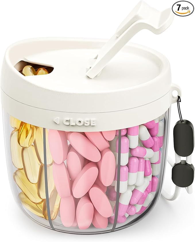 Cute Pill Dispenser with 7 Large Compartments BPA-Free Portable Pill Organizer Wide Opening Anti-Mix Pill Container for Travel & Daily Use White