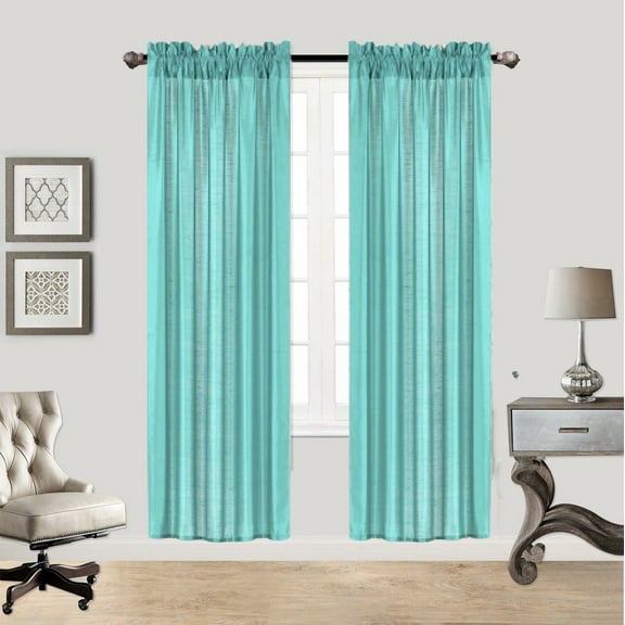 2-PC Set MR2 Teal color Rod Pocket Faux Silk Window Curtain Treatment, Set of Two (2) Solid Semi Sheer Panels 55" W x 84" L (Each)