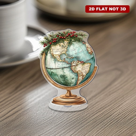 Rotating acrylic ornament featuring a vintage globe adorned with Christmas pine branches and red berries showcasing intricate world map details in blues and greens