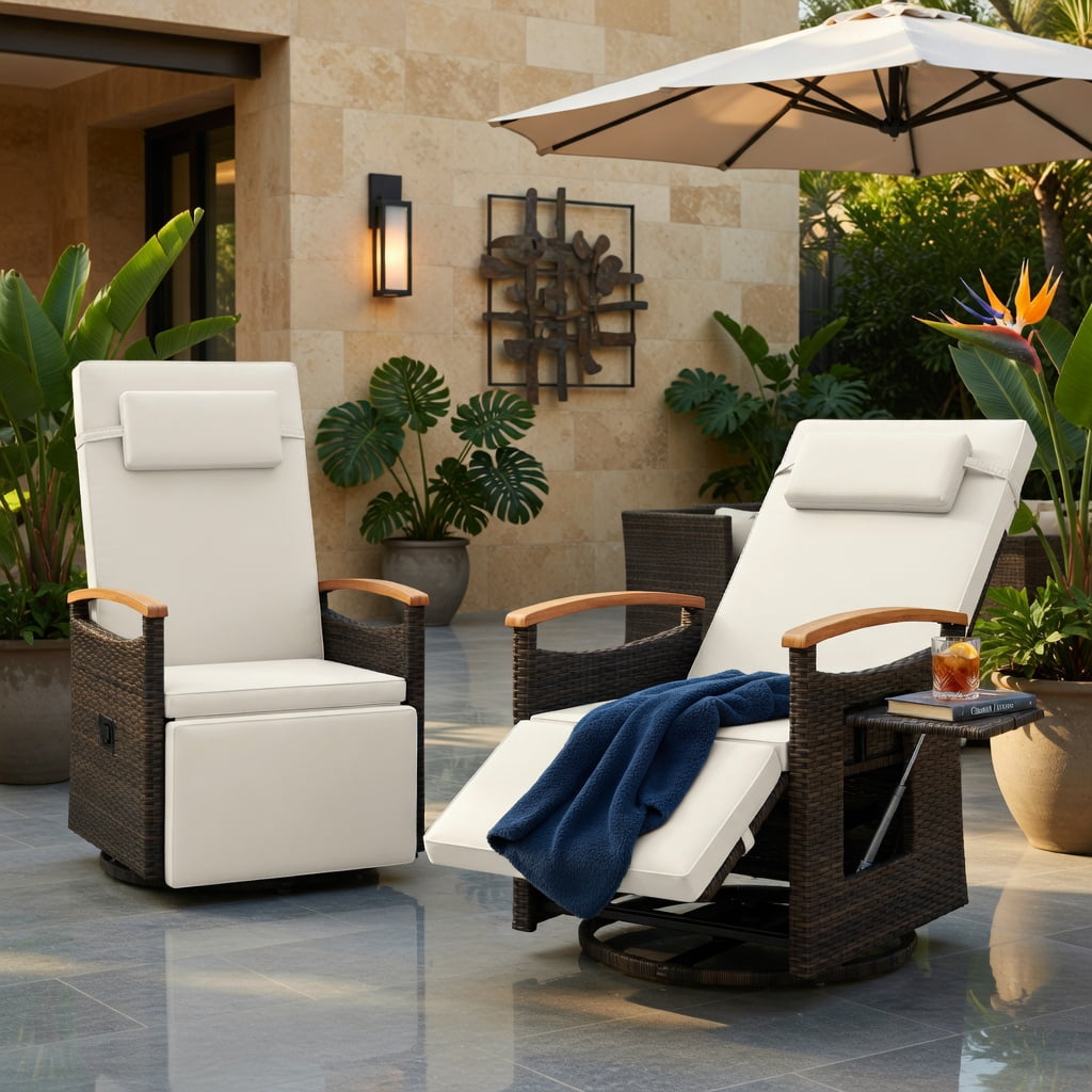 Hommoo 360° Swivel Outdoor Recliner Chair with Adjustable Backrest & Footrest, PE Rattan Patio Seating for Backyard, Porch, Poolside, White