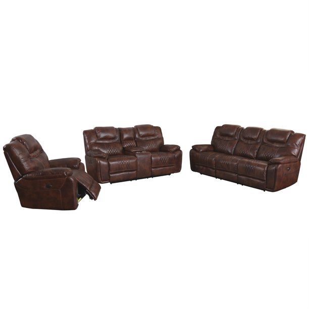 Sunset Trading Diamond Power 3 Piece Reclining Living Room Set Sofa Loveseat Chair Center Console Brown Leather Gel Com Sofa Loveseat Chair, Leather Sofa With Center Console