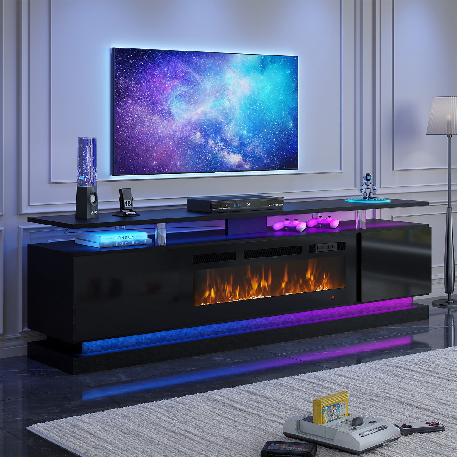 BaPiPro 70" Fireplace TV Stand for TVs Up to 80", Modern Entertainment Center, Black TV Console with 36" Electric Fireplace & LED Lights, Black