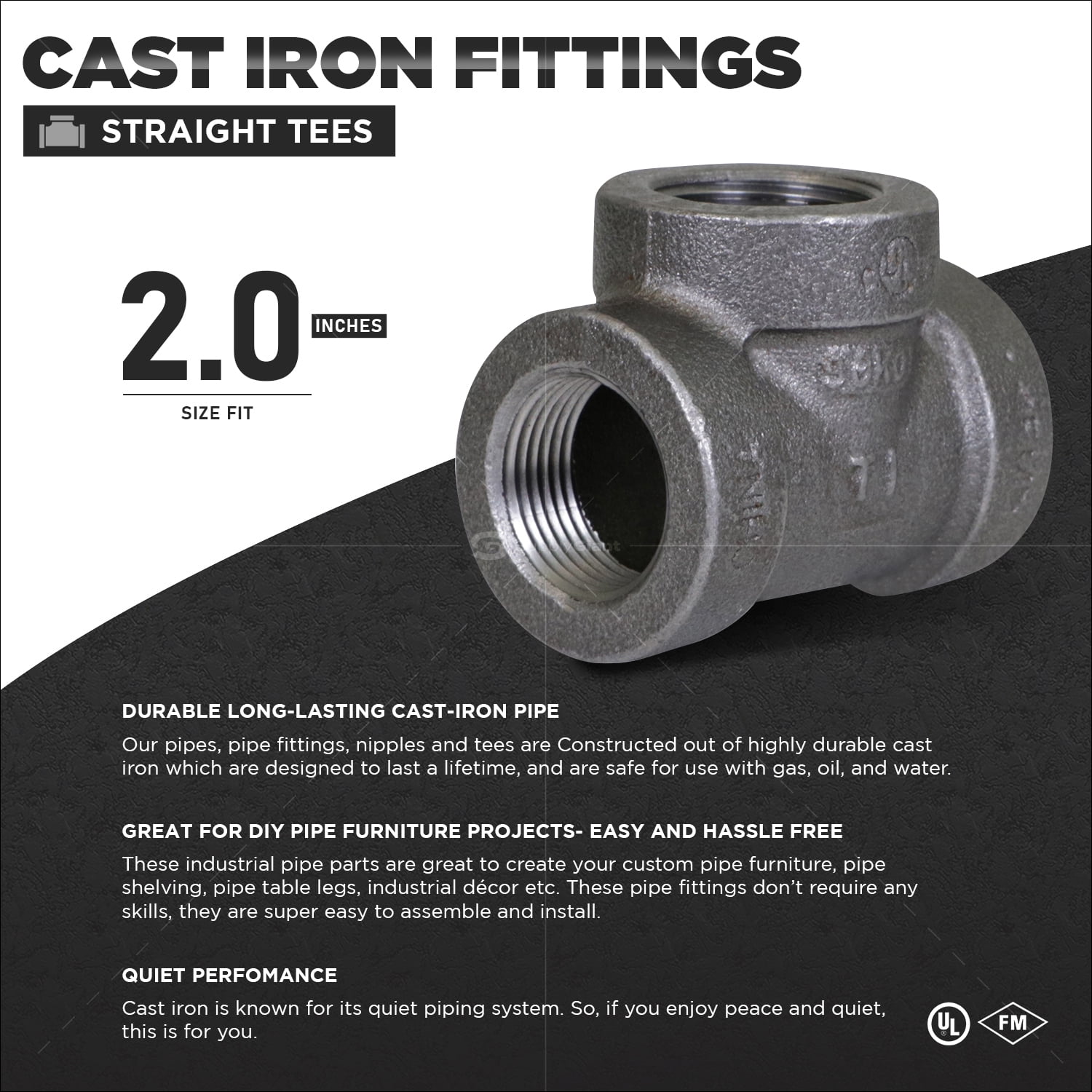 Supply Giant 2" Black Pipe Fitting Tee for Industrial Piping or DIY Projects, Cast Iron