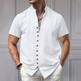 thumbnail image 2 of MQLKF Men Solid Color Retro Linen Button Up Cardigan Stand Up Short Sleeved Shirt And Casual Loose Fashion Top Leisure Fashionable Handsome Men's Shirt, 2 of 8