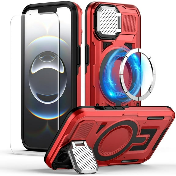 KOMI for iPhone 16e Case with Adjustable Camera Cover Stand & Screen Protector,[Compatible with MagSafe] [Military Grade Protection] Shockproof Phone Case for iPhone 16e 2025 6.1 inch, Red