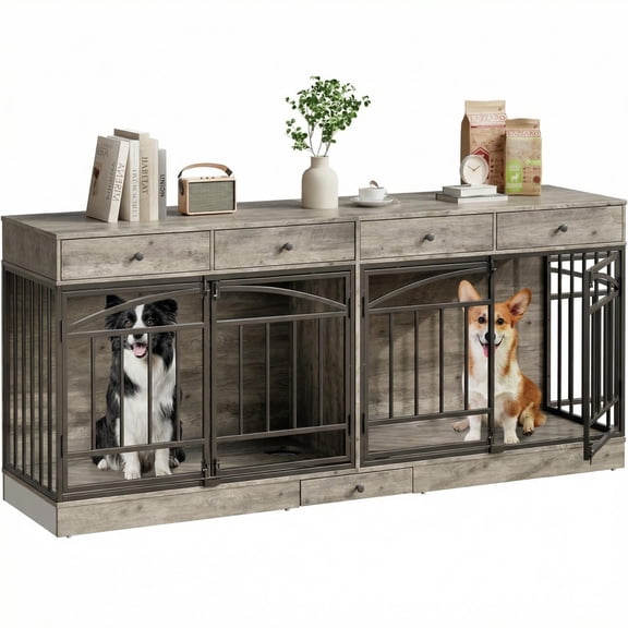 78 Double Dog Crate Furniture for 2 Large Dogs Indoor, Wooden Furniture Dog Crates with Dog Bowl, Dog Kennel Furniture TV Stand Large Breed