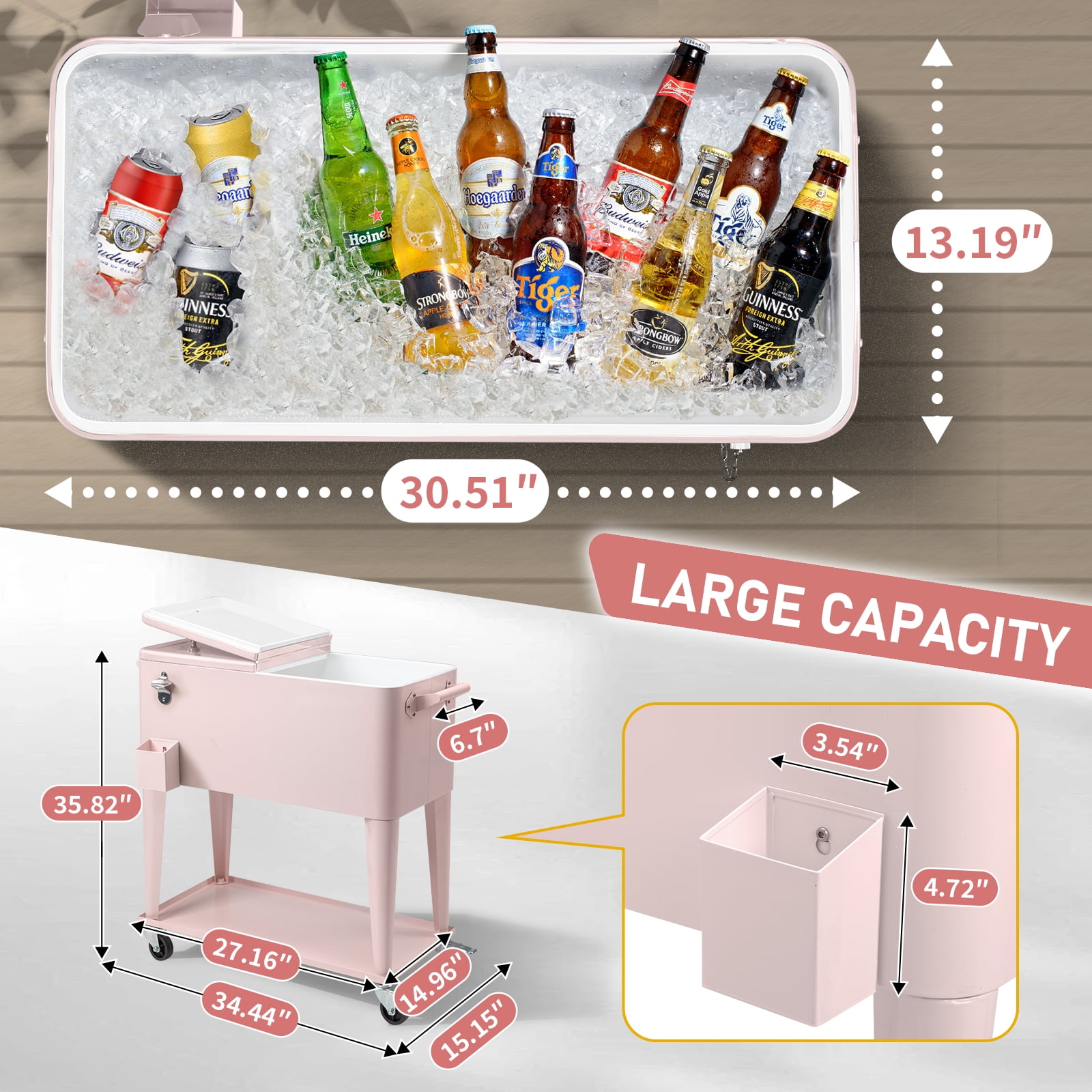 Ktaxon 80 Qt Rolling Ice Chest Cooler Cart Outdoor Trolley with Storage Shelf, Bottle Opener & Cap Collector for 48 Hour Cold Drinks, Pink