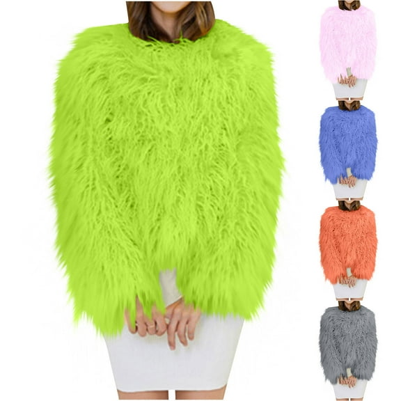 Hueook Faux Fur Coat Women Winter Solid Color Casual Extended Warm Jacket Green 3X