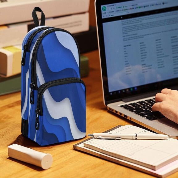Backpack Pencil Case, 3 Compartment Large Capacity Oxford Fabric Pencil Pouch / Navy Blue Color Palette