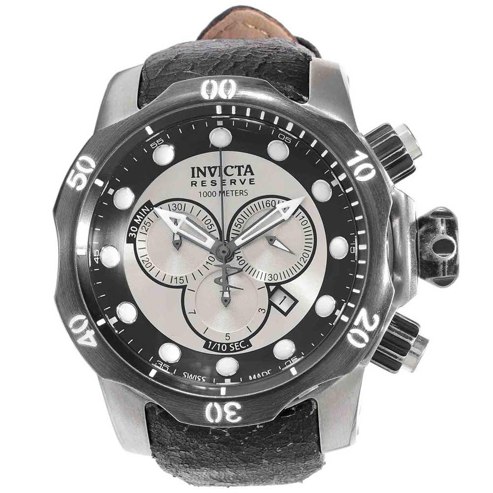 Invicta Men's 15985 Venom Swiss Chronograph Silver Tone Dial Black Leather Strap Dive Watch