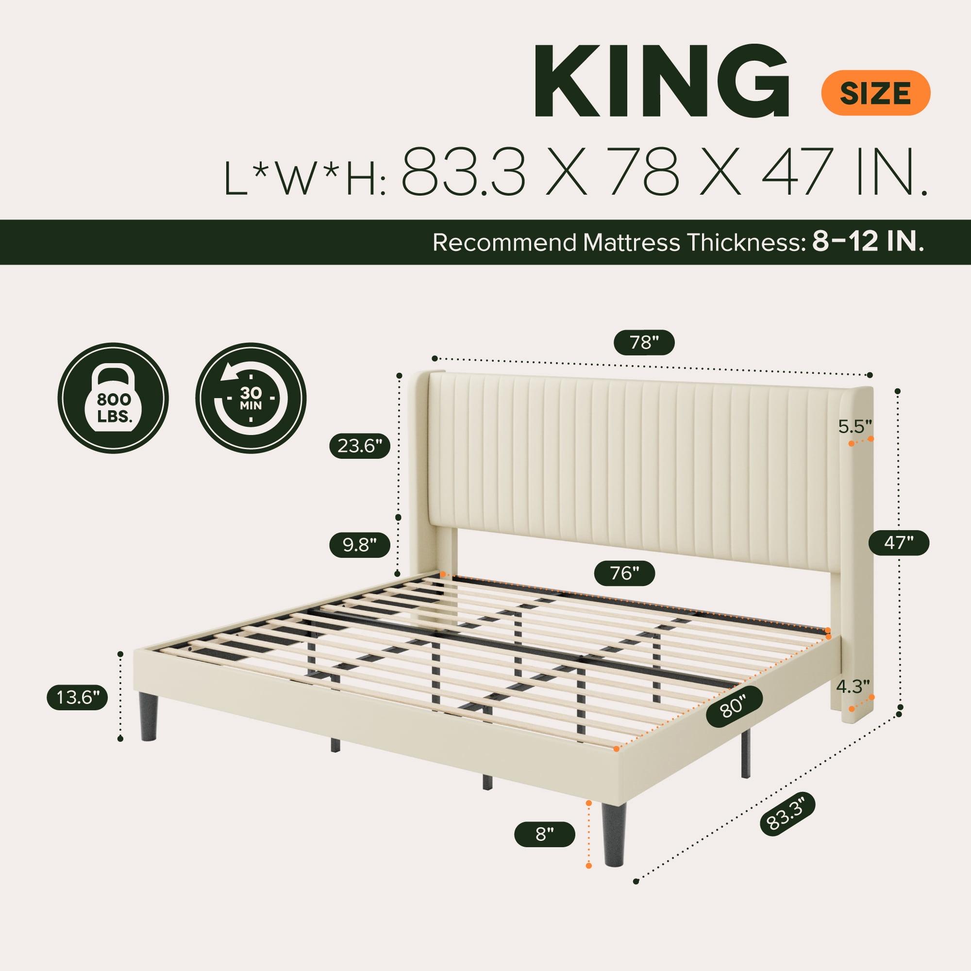 Einfach King Bed Frame, Upholstered Platform Bed with Wingback Headboard, No Box Spring Required, Cream White