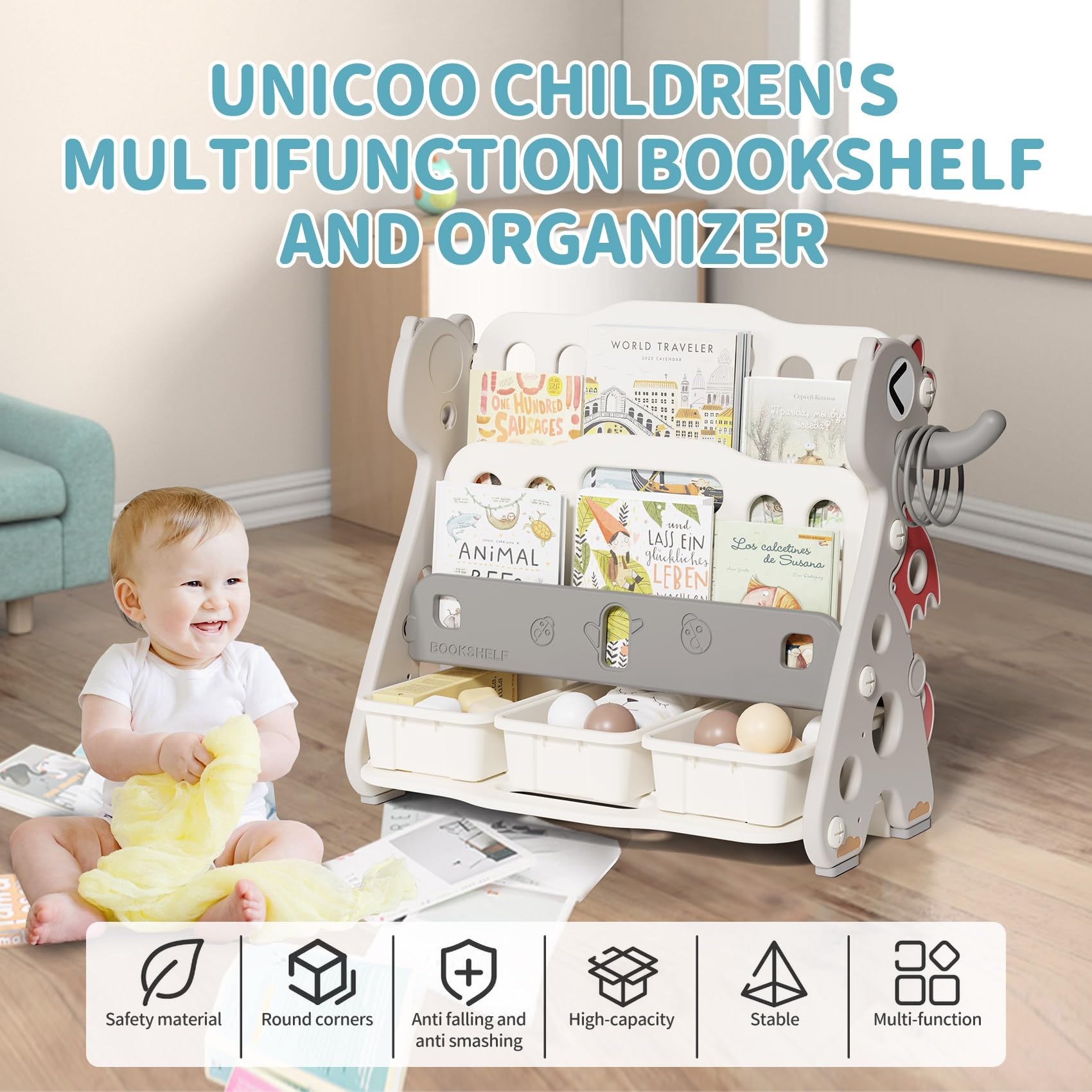 UNICOO® Kids Baby Dragon 2 Tier Bookshelf with 3 Toy Storage Bins, Children Bookshelf & Toy Organizer (Grey & White)