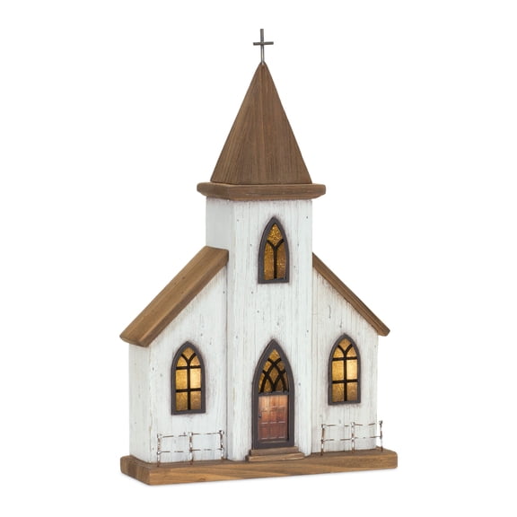 Melrose 17.75" Brown and White Lighted Wooden Church Tabletop Decoration