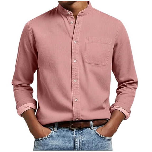Business Casual Mens Shirts Henley Button Standing Collar Long Sleeve Golf Tops with Pocket Fathers Day Gift