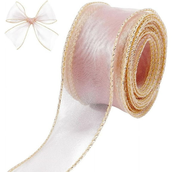 1-5/8” Wide Pink Gold Wired Sheer Ribbon Organza Tulle Gift Ribbon Handmade Chiffon Fabric 6.5Yd