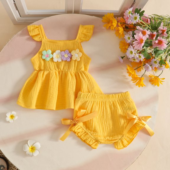 YWIYIUD Toddler Girl Clothes Baby Summer Outfit 3D Floral Flying Sleeve Ruffle Tank Tops Matching Cute Bow Shorts Outfits Set InfantClothing Set Baby Girl Clothes Gift Yellow 6-9 Months
