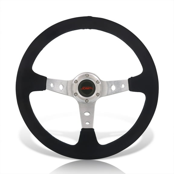 AJP Distributors Universal 14" 350mm Black Suede 6-Bolt Holes Steering Wheel Blue Stitching Light Weight Aluminum Deep Dish Spokes   Horn Button JDM Sport Drifting Grip Replacement