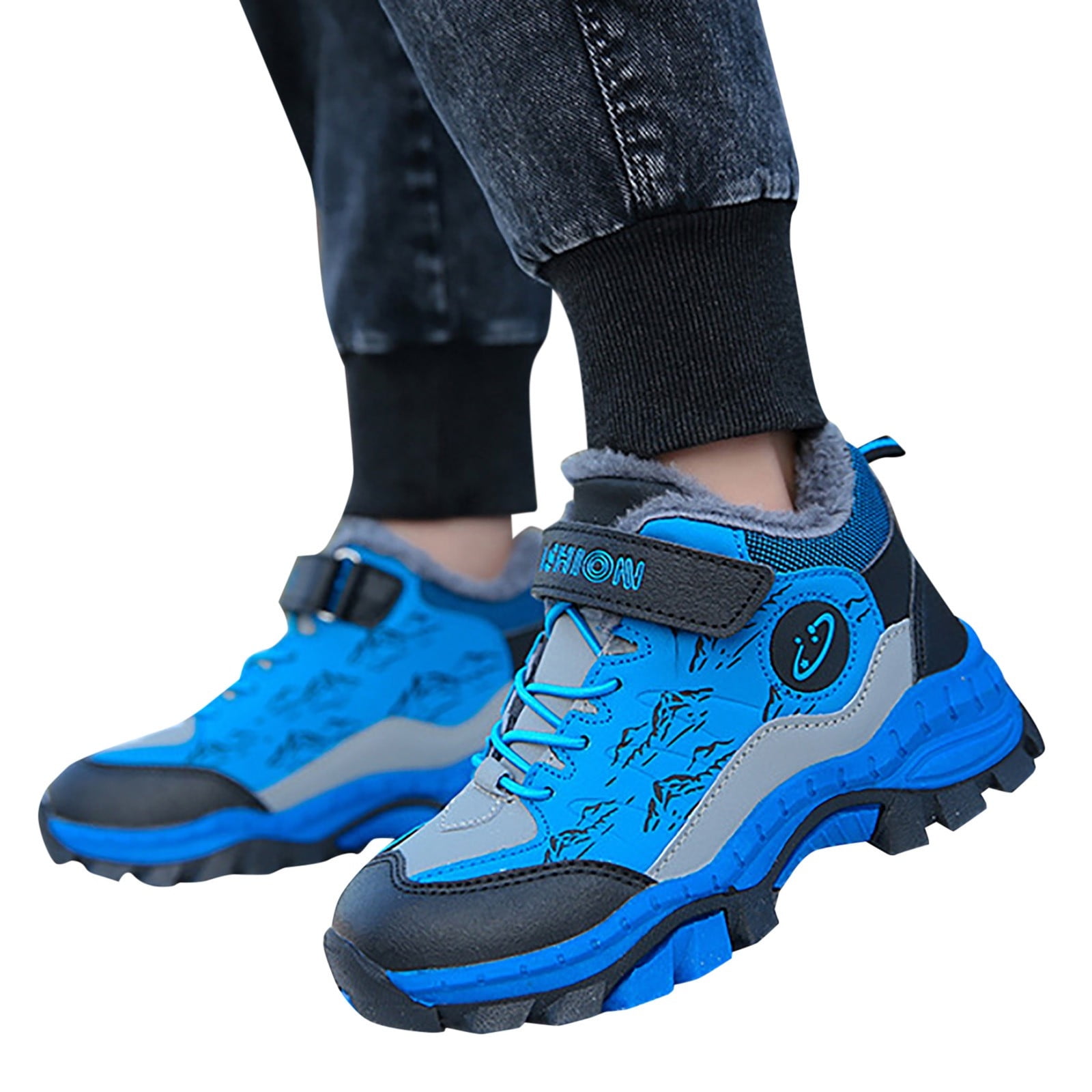 Kidagic Boys Leather Snow Boots Winter Warm Hiking Shoes For Kids Non Outdoor Insulated Footwear(Color:Blue,Size:2)