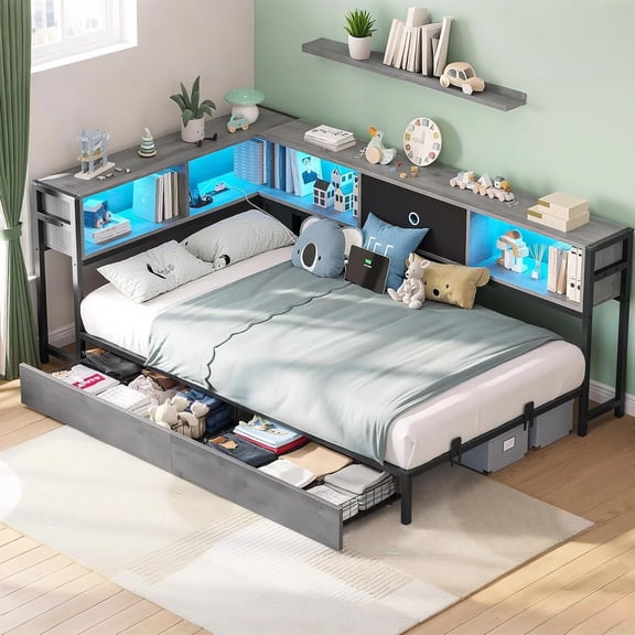 Base de Cama con Estación de Carga Y Luces RGB LED, Marco de Cama Esquinero con Cajones de Almacenamiento, Estructura de Cama con Plataforma, No Necesita Somier (Individual/Twin)