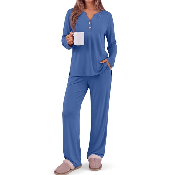 Fantaslook Women Pajamas Sets Long Sleeve V Neck Buttons Outfits and Casual Wide Leg Pants Lounge 2 Piece Sets withe Pockets